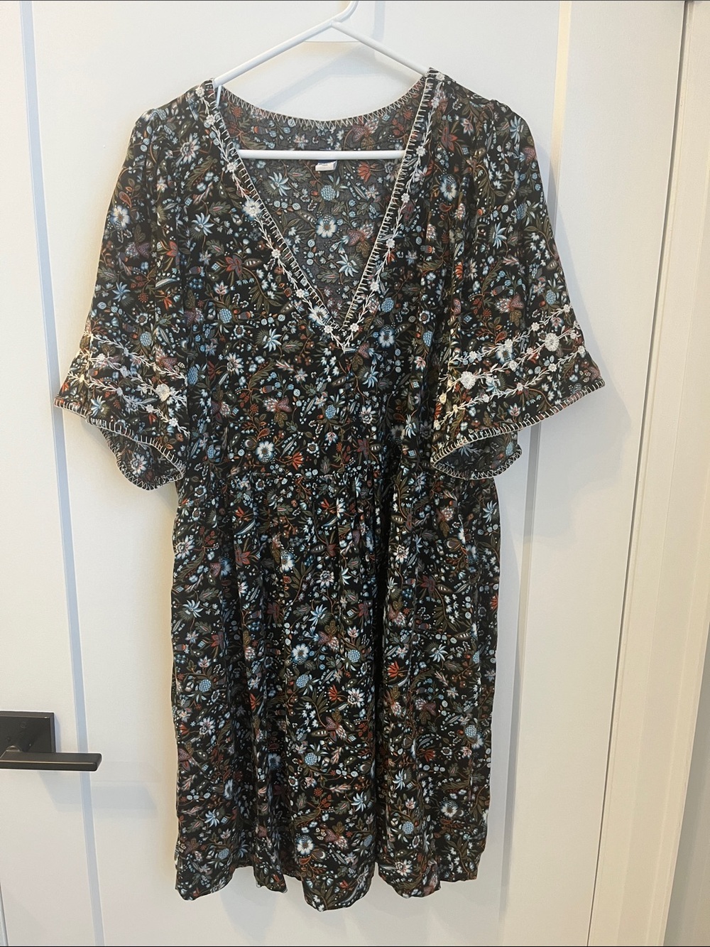 Old Navy Black Floral V-Neck Flutter Sleeve Dress with Blue and Rust Accents